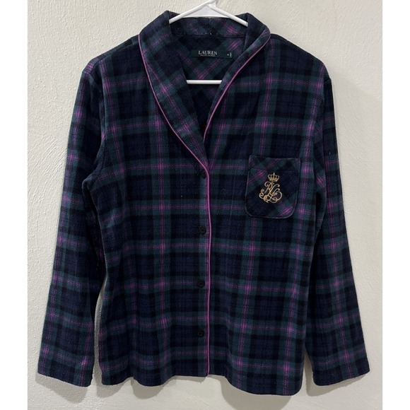 Lauren Ralph Lauren Women's Pajama Top Size M Plaid Button Front Crest Sleepwear - Picture 1 of 3